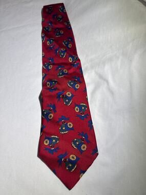 Reckless Mens 100% Silk Tie Red Christmas Ornaments Blue Bows 58" Vintage